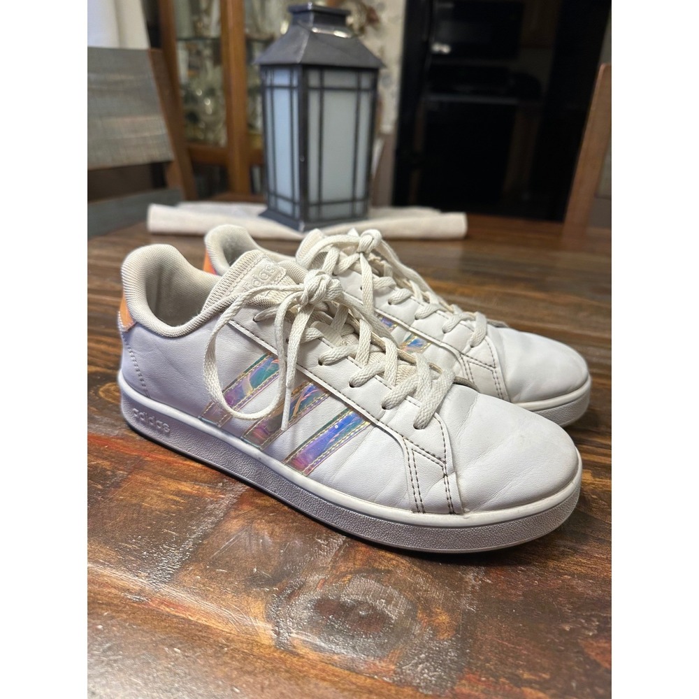 Adidas Women Grand Court Shoes White Iridescent Stripes Sneakers Size 6‎